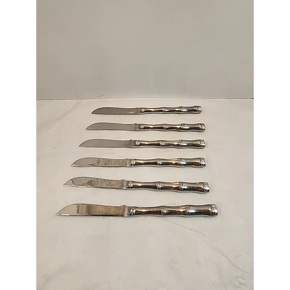 Set Of Six Vintage‎ Stainless Steel Dinner Knives with Faux Bamboo Handles